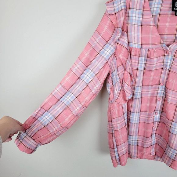 Bobeau Pink Blue Ruffle Button Down Long Sleeves Plaid Babydoll Shirt Size XS - Picture 6 of 12